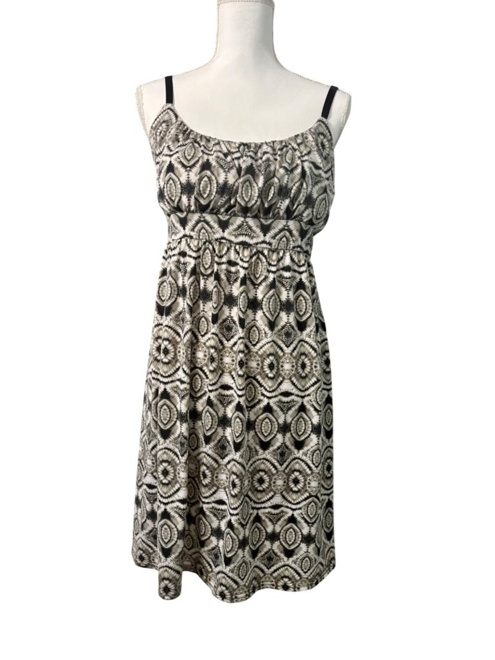Black White Geometric Sundress Empire Waist Sleeveless Boho Midi Dress Womens L